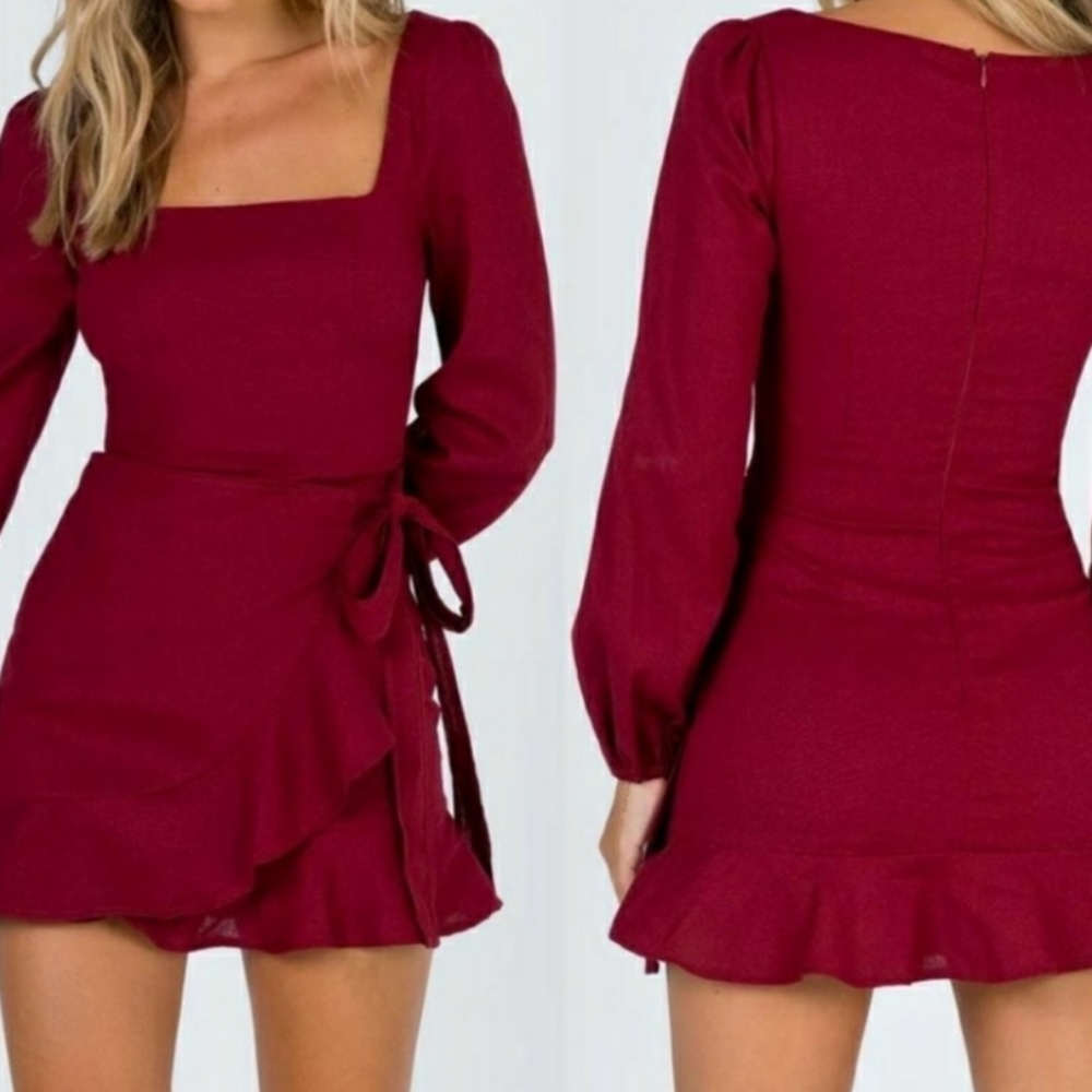 Princess Polly Villa Mini Dress Romantic Ruffles Faux Wrap Burgundy Red Size 6